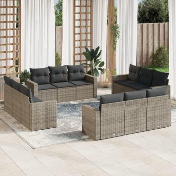 12-Piece Grey Poly Rattan Garden Sofa Set with Cushions