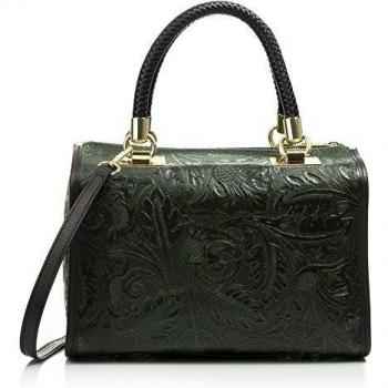 FIRENZE ARTEGIANI. Catena Bolso Tote Mujer.Piel auténtica Gamuza Grabado Arabesco .Made in Italy. Vera Pelle Italiana.31x16x26 cm. Color: Verde Oscuro