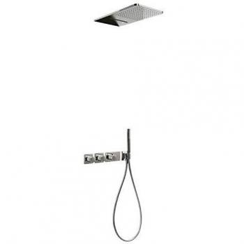 Kit de ducha termostático empotrado Block System Colors, 3 vías, rociador ducha inox a pared con 2 tipos de chorro, volante, 55 x 28 x 7,4 centímetros, color acero