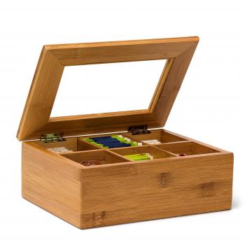 Relaxdays de té de bambú H x B x T: 9 x 22 x 16 cm con compartimentos de té de madera con tapa de terciopelo de visión de Luke caja en forma de caja de té de desayuno del aroma para intenso tea time, de haya lacada, colour marrón