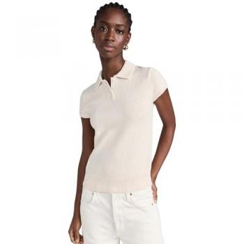 Theory Women's Off-White Cap Sleeve Cotton-Wool Bouclé Polo - Size Small