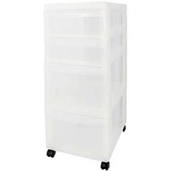 Unidad de almacenamiento plástico con ruedas, 2 cajones profundos y 2 cajones superficiales, Blanco, multiusos A4, asas de fácil extracción