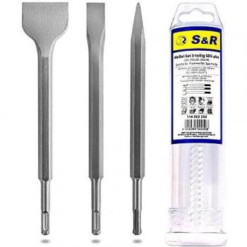 S&R Cincel SDS Plus / Juego de 3 Cinceles: cincel plano 14x250x20, cincel a pala 14x250x40, cincel 14x250mm, Linea Meister