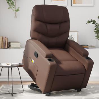 Sillón de masaje reclinable de cuero sintético marrón con función de masajes y reposapiés