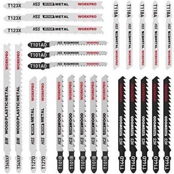 WORKPRO 25PCS-Juego de Hojas de Sierra de Calar, Vástago en T con Estuche de Almacenamiento, Fabricado con HCS/HSS/BIM, Cuchillas Surtidas para Corte de Madera, Plástico y Metal