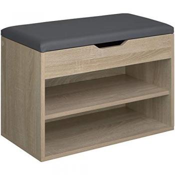 Banco zapatero Jasmina 60 x 30 x 43,5 cm - Banco zapatero compacto con mucho espacio de almacenamiento, 2 compartimentos abiertos y un compartimento plegable, construcción estable y segura en madera clara roble Sonoma