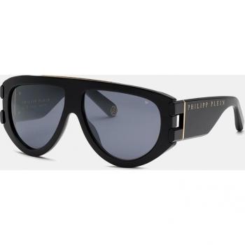 Philipp Plein Aviator Acetate Sunglasses - Black Glossy Unisex, 60mm Size, Smoke/Mirror Silver Lens