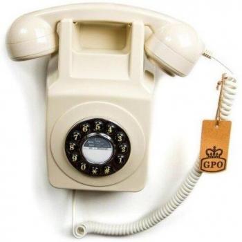 GPO 746 Wall-Mounted Push-Button 1970s-style Retro Landline Telephone with Curly Cord and Authentic Bell Ring - Ivory