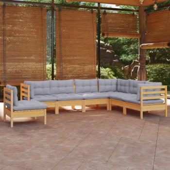 7-Piece Solid Pine Garden Lounge Set with Grey Cushions