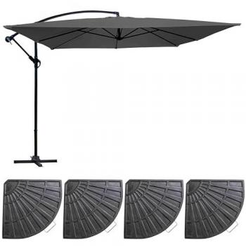 Sombrilla colgante inclinable 3x3m con 4 losas de lastre gris antracita