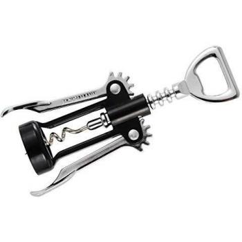 Fackelmann Sacacorchos 2 en 1 para Vino y Cerveza Tipo Bodega Camarero con Doble Palanca, Espiral y Descapsulador en Acero, Cuerpo de ABS, 16,5x6,5cm, Color Negro e Inoxidable, 1 ud.