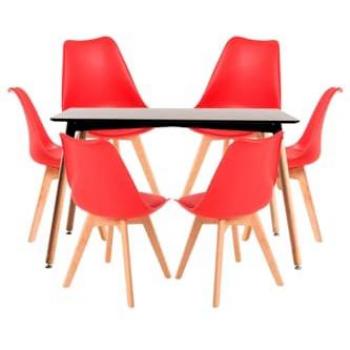 Conjunto de Mesa Rectangular Tower 120 x 80 cm Negra con Pack de 6 Sillas Synk Basic Rojas