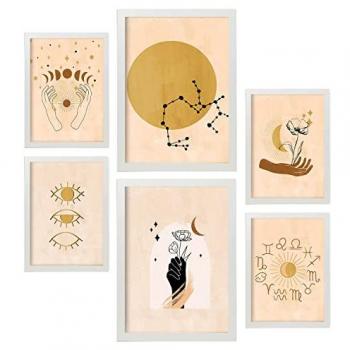 Set de 6 Posters Místicos con Estética Collage para Decoración de Interiores - Tamaños A3 y A4 con Marco Blanco