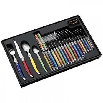 Cubiertos Laguiole 24 Piezas Multicolor - Acero Inoxidable y Mango de Madera en Coffret Vitrina