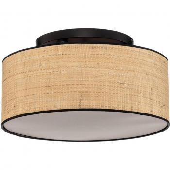 Plafón de techo Emibig Lighting Aston, Ø 50 cm, diseño de ratán negro con pantallas de tela marrón, 3x E27