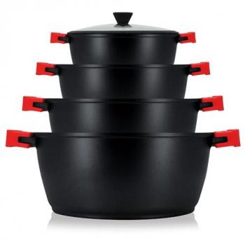 Batería de Cocina Inducción Briebe Blackt4, 8 Piezas, Aluminio Fundido, Antiadherente Titanio, Sin PFOA, Tapas de Cristal, Asas de Silicona