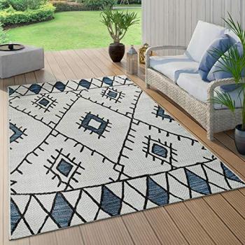 Alfombra Interior y Exterior Diseño Abstracto Geométrico Rombos Étnico Azul 160x220 cm - Paco Home