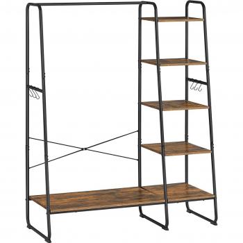 Perchero con Zapatero y Estantería Lateral de Almacenamiento, 5 Niveles, 6 Ganchos, Ideal para Dormitorio y Sala de Estar, Marrón Rústico y Negro