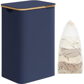 Cesto de Ropa Sucia con Tapa, 90L, Plegable, Forro de Malla Extraíble, Tejido Oxford, Asas de Bambú, Dimensiones: 42 x 32 x 70