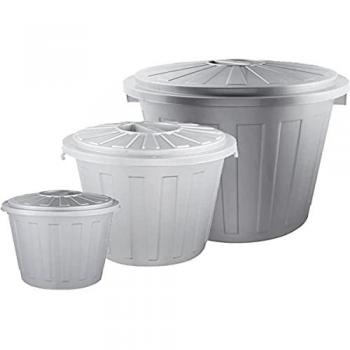 Keeeper Set de 3 Cubos de Basura/Papelera Polivalente Mats con Tapa Cerrable de Plástico Resistente 7/23/50 Litros Plateado Compacto