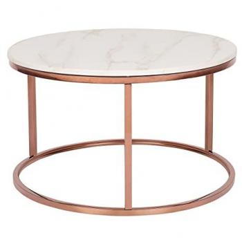 Mesa de Centro Redonda Beige con Efecto Mármol y Patas de Cobre Ø 70 cm Coral