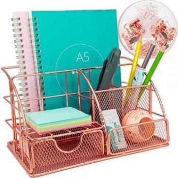 Organizador de escritorio multiusos con cajón, metal oro rosa, para oficina