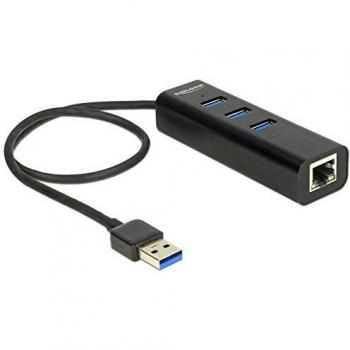 DeLock - Hub USB 3.0 de 3 Puertos externos y 1 Puerto Gigabit LAN, Color Negro