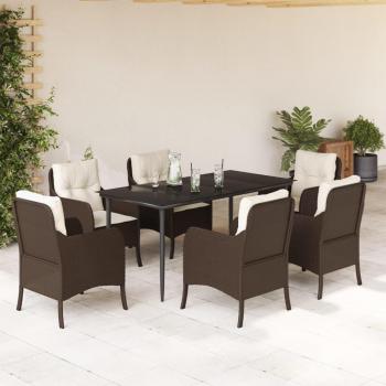 7 Piece Brown Poly Rattan Garden Dining Set with Cushions