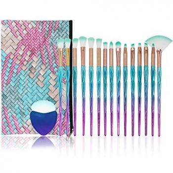 Juego de brochas de maquillaje con bolsa de cosméticos, 16 piezas, Citicolor Beginner Start Makers, kits de maquillaje con degradado verde púrpura profesional, herramientas cosméticas