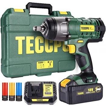 Pistola de impacto, TECCPO 350Nm Llave de Impacto con 4,0 Ah batería, 3pcs Vasos de Impacto Profundo 17, 19, 21 mm, Tornillos Ruedas Coche, Mandril de 13 mm, Caja Compacta-TDIW01P