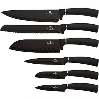 Berlinger Haus Black Rose Juego 6 Cuchillos Cocina Profesional, Hoja Acero Inoxidable Recubrimiento Antiadherente, Cocinero, Cebollero, Pan, Santoku, Pelar, Mango Ergonómico