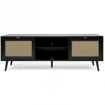 Mueble de TV Vienna56A con 2 puertas y compartimento abierto, negro con frentes efecto mimbre - 150 cm