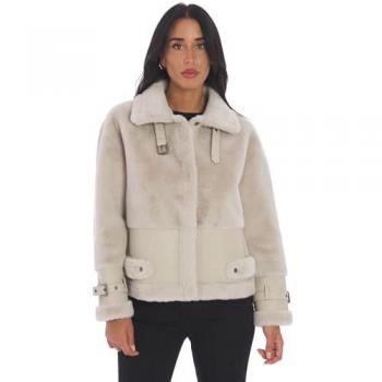 Twinset Women's Beige Faux Fur Jacket with Buckles, Size 40
