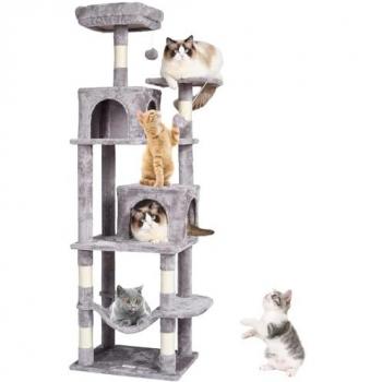 Vevor 63-Inch Indoor Cat Tree Tower with 2 Condos, Sisal Scratching Post, Hammock, and Top Perch