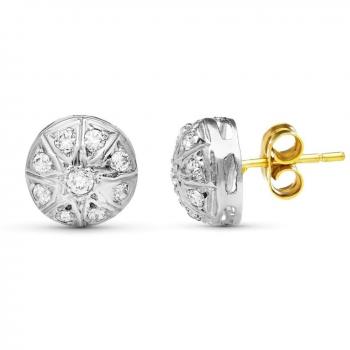 Pendientes de Oro Bicolor 18k para Niña de Comunión con Circonitas de 9mm y Sortija de Oro Bicolor 18k para Primera Comunión con Cabeza Redonda y Circonitas