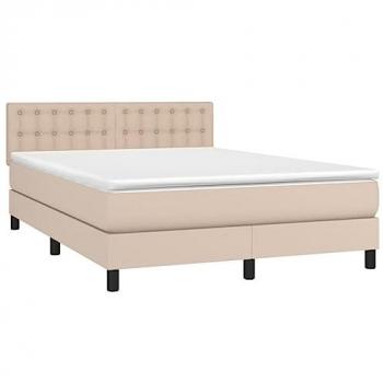 Cama box spring con colchón de cuero sintético capuchino 140x190 cm, características: incluye colchón viscoelástico, espuma, protector, muelles ensacados, adaptable y reversible