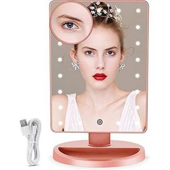 FUNTOUCH Espejo Maquillaje con 21 Luz Led, 1X / 10X Aumento Espejo de Maquillaje, Fuente de Alimentación Dual, 180 Rotación, Sensor Táctil Inteligente, Brillo Adjustable Espejo Tocador