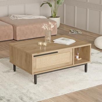 Mesa de Centro Kvænangen 90x60x38cm - Roble/Ratán con Compartimento Abierto y Cerrado
