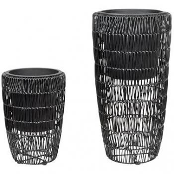 Conjunto de 2 macetas redondas de ratán sintético negro con inserto plástico para interior y exterior