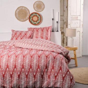 Juego de Cama Doble Sunshine 100% Algodón con Estampado de Hojas - Rojo y Blanco - 220 x 240 cm