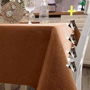 Iycnkok Mantel Antimanchas Rectangular Manteles Mesa Impermeable Tela 140x180 cm Lavable Efecto Lino Marrón, 4 Pinzas Incluidas, Table Cloth Elegante para Comedor Exterior Cocina Jardin Navidad Fiesta