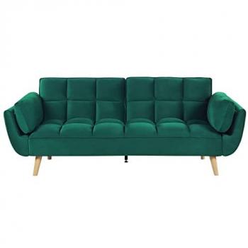 Sofá Cama 3 Plazas de Terciopelo Verde con Patas de Madera, Relleno de Espuma y Espalda Dividida Asby