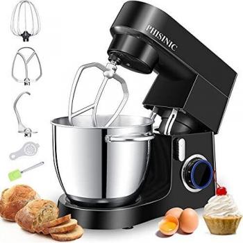 PHISINIC Batidora Amasadora de Pan, Amasadora Reposteria 1800W 6.5L Robot Amasador Cocina, Silencioso Potente y Profesional, 6 Velocidades con Pulso, Bol de Acero Inoxidable, Cuerpo Metálico, Negro