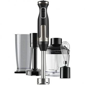 Black+Decker BXHBA1500E Batidora de mano en acero inoxidable con sistema antisalpicaduras y accesorio para puré, emulsionador, vaso picador y vaso medidor, 1500 W, 20 velocidades + turbo