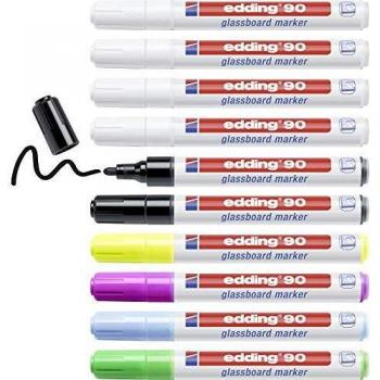 edding 90 marcador para pizarras de cristal - multicolor - 10 rotuladores borrables para vidrio - punta redondeada 2-3 mm - para escribir y marcar en ventanas y pizarras de cristal - borrado en seco