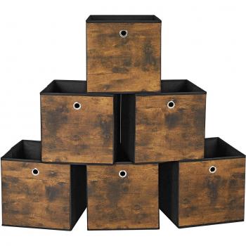 Juego de 6 Cajas de Almacenaje Plegables con Asa, Tela Oxford, Marrón Rústico y Negro, 30 x 30 x 30 cm