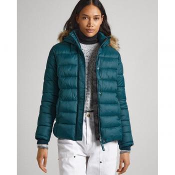 Pepe Jeans May Chaqueta Corta Acolchada con Capucha de Pelo Desmontable para Mujer en Verde