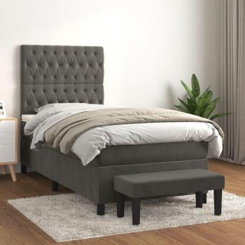Cama box spring suave con colchón de terciopelo gris oscuro 100x200 cm