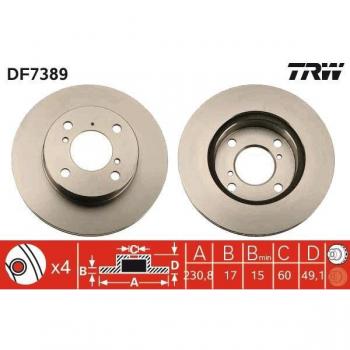 Disco de freno TRW DF7389, tipo: disco de freno, características: fabricado por TRW, diseño optimizado para un rendimiento de frenado superior, alta resistencia al desgaste, excelente disipación del calor, compatible con