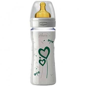 Chicco Wellbeing - Biberón de vidrio con tetina de látex y flujo normal para bebé de 0 meses en adelante, 240 ml, verde